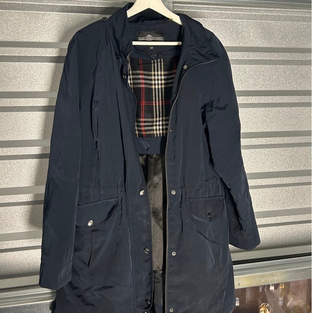 Fleet Street Parka Jacket Womens L Blue Plaid Lined Trench Coat Utility Classic